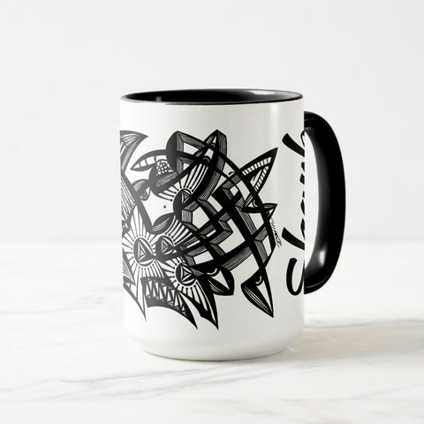 White ceramic coffee mug with a black handle and black interior, featuring a wrap‑around print of the artwork titled “Lookin’ Shark.“