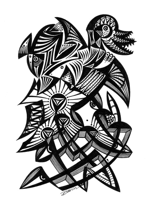 Black and white surreal pen‑and‑ink illustration with symbolic and geometric elements, featuring stairs, a shark, other creatures, and face with a beauty mark.