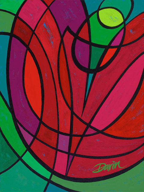 Geometric design painting of an abstract flower or heart shape with bold curvilinear lines in black and filled in reds, pink, and purples, surrounded with greens and turquoise, with a green signature 'Darin' in the lower right.