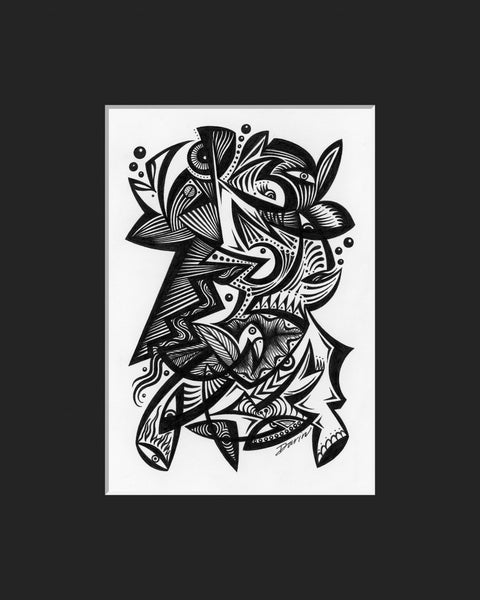 Black and white surreal pen‑and‑ink illustration with symbolic and geometric elements, featuring faces, fish, birds, an eye on fire, spaceship, pac-man-like characters eating pellets, and bubbles; matted in black.
