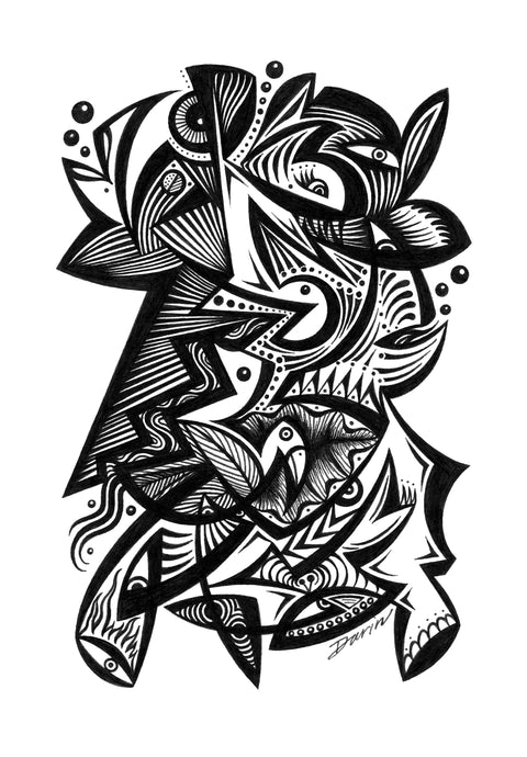 Black and white surreal pen‑and‑ink illustration with symbolic and geometric elements, featuring faces, fish, birds, an eye on fire, spaceship, pac-man-like characters eating pellets, and bubbles.