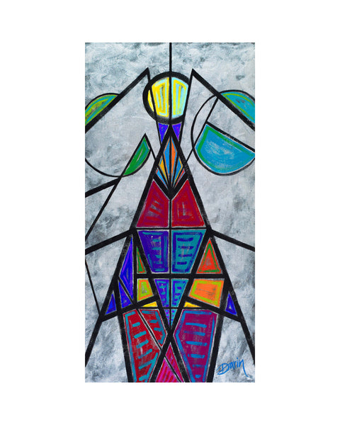 Abstract stained-glass-style painting with geometric shapes in red, blue, green, yellow, and purple outlined in black on a textured metallic silver background, signed 'Darin' in the lower right, with a white border.