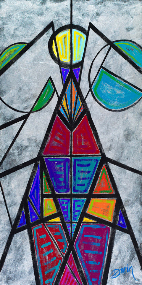 Abstract stained-glass-style painting with geometric shapes in red, blue, green, yellow, and purple outlined in black on a textured metallic silver background, signed 'Darin' in the lower right.