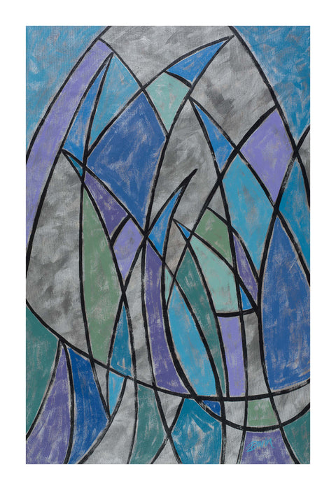 Abstract geometric stained-glass style painting featuring overlapping curved and angular shapes in shades of blue, purple, and teal, outlined with black lines on a metallic silver background; signed 'Darin' in the bottom-right, with a white border.