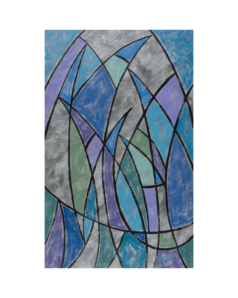 Abstract stained-glass-style artwork with overlapping geometric shapes in blue, purple, teal, and gray outlined in black, shown centered on a white background.