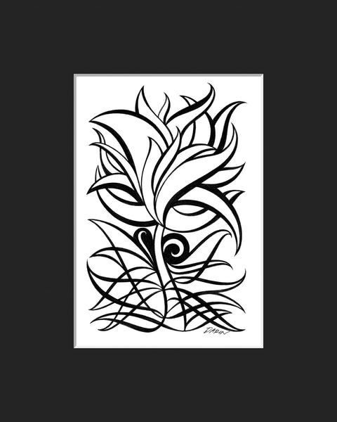 Black and white abstract pen‑and‑ink drawing with optical‑illusion shapes, featuring a mardi-gras-type mask; matted in black