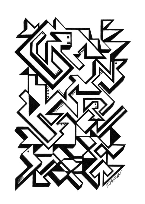 Black and white abstract pen‑and‑ink drawing with optical‑illusion shapes, featuring stylized creatures, in the form of a maze.