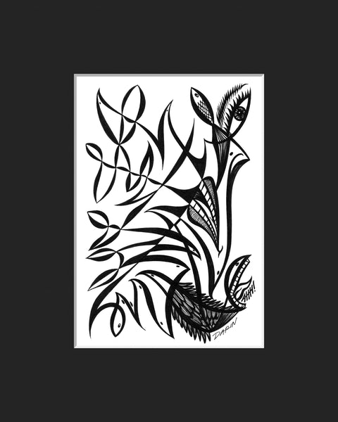 Black and white abstract pen‑and‑ink drawing with optical‑illusion shapes, featuring a stylized birds, a fish, face, and a mouth yelling "AHH!" matted in black.