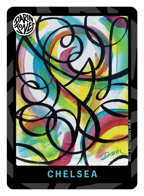 A painting of abstract swirling brushstrokes in yellow, green, blue, pink, and purple with bold black lines, with the word 'CHELSEA' in light blue at the bottom, a black and gray design border, the DARIN JONES logo in the upper left, and website on the right.