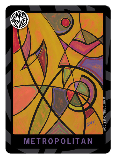A painting of an abstract stained-glass style composition with geometric shapes in yellow, orange, pink, purple, green, and black outlines, with the title 'METROPOLITAN' in purple text at the bottom, a black and gray design border, the DARIN JONES logo in the upper left, and website on the right.