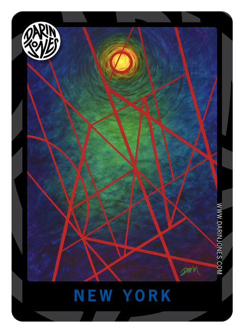 A painting of an abstract New York architecture-like design with a swirling blue and green vortex, a bright yellow-orange sun, and intersecting red lines. The title 'NEW YORK' appears at the bottom, a black and gray design border, the DARIN JONES logo in the upper left, and website on the right.