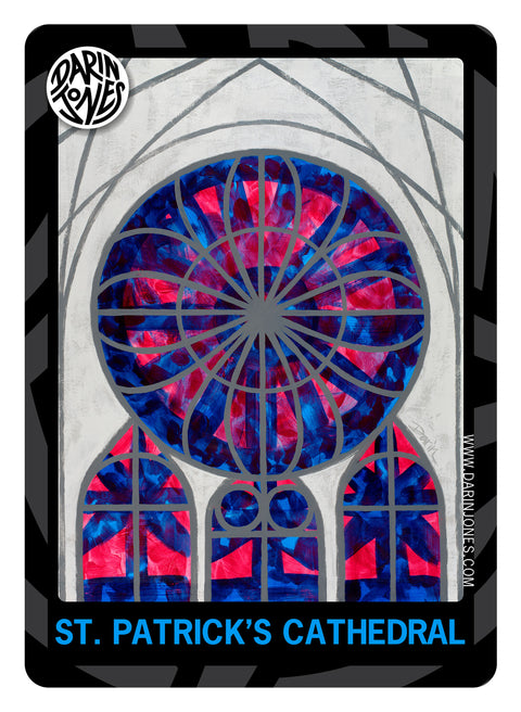 A painting of an abstract stained-glass-style cathedral rose window in blue, purple, and pink, with the text 'ST. PATRICK'S CATHEDRAL' at the bottom, a black and gray design border, the DARIN JONES logo in the upper left, and website on the right.