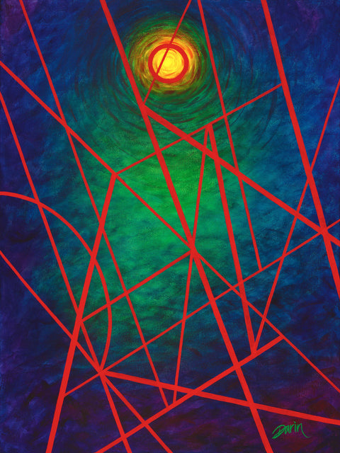 Abstract painting featuring a vibrant yellow glowing center, surrounded by green and deep blue swirls; overlaid with an intersecting architectural design of red lines; signed 'Darin' in green in the lower-right.