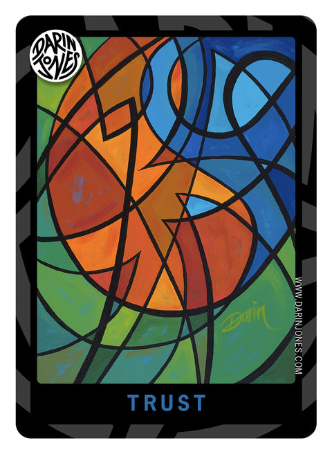 A painted abstract stained-glass-style design with overlapping orange, blue, green, with black lines. The word "TRUST" appears in blue at the bottom, with a black and gray design border, the DARIN JONES logo in the upper left, and website on the right.