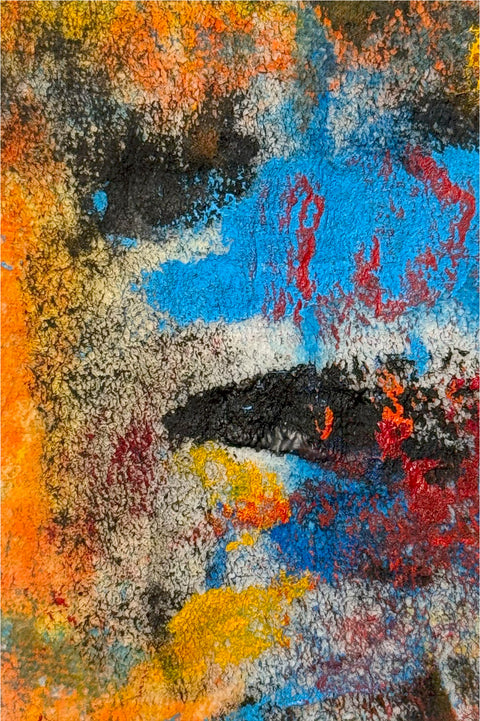 Abstract textured painting with layered brush and palette-knife strokes in blue, orange, red, yellow, and black.