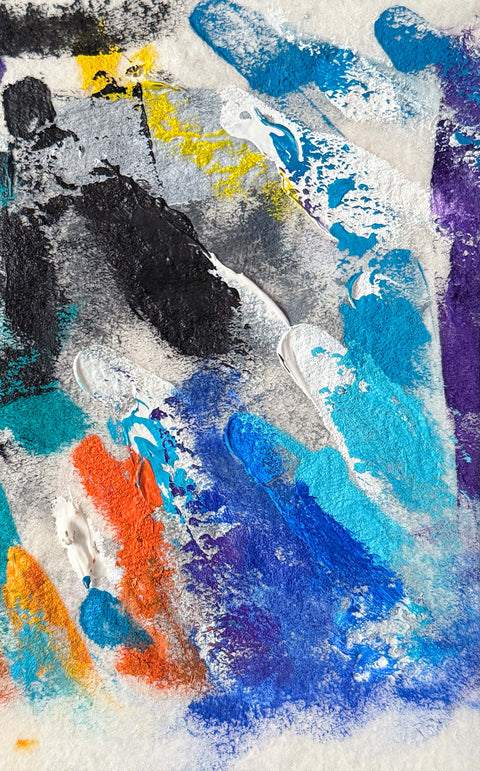 Abstract textured painting with layered brush and palette-knife strokes in blue, black, white, purple, orange, and yellow.