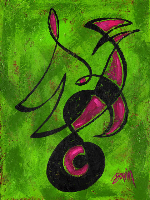 Abstract painting of a musical-like note design featuring black and magenta-pink shapes on a textured bright green background, signed Darin in lower right corner.