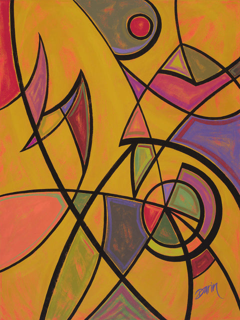Abstract geometric painting with intersecting curved black lines and angular shapes in yellow, orange, pink, purple, green, and gray, with a visible artist signature, Darin, in the lower right corner.