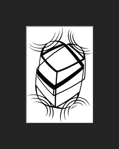 Black and white abstract pen‑and‑ink drawing with optical‑illusion shapes; matted in black.