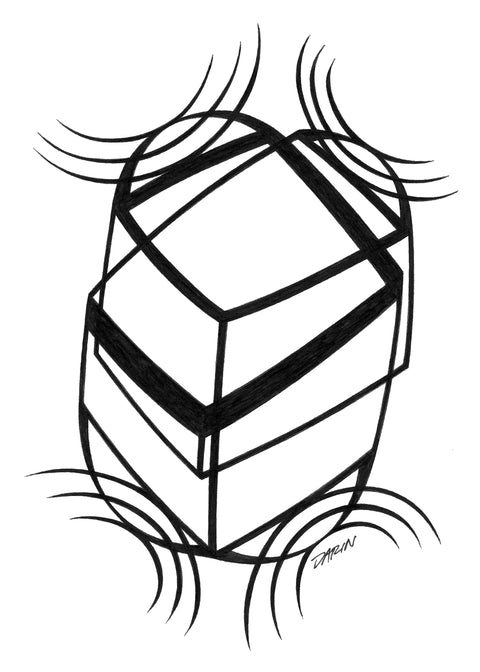 Black and white abstract pen‑and‑ink drawing with optical‑illusion shapes.