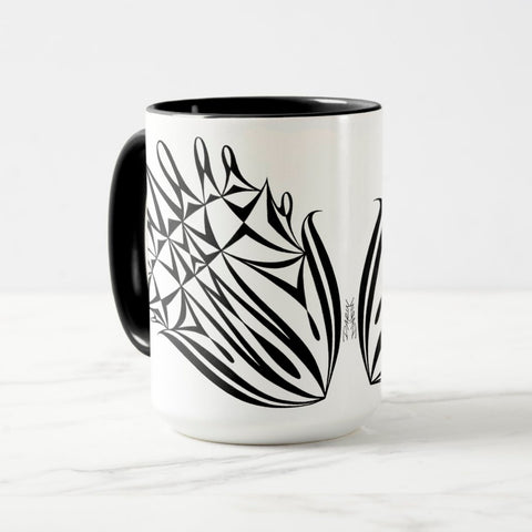 White ceramic coffee mug with a black handle and black interior, featuring a mirrored black and white print of the artwork titled “Pinned.“