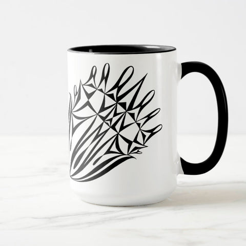White ceramic coffee mug with a black handle and black interior, featuring a mirrored black and white print of the artwork titled “Pinned.“
