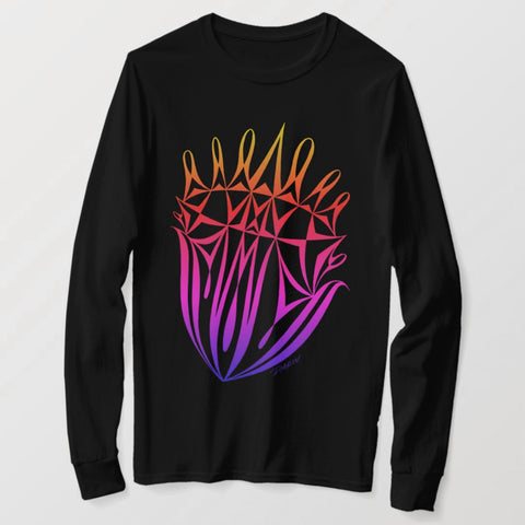 A black long-sleeve crewneck t-shirt featuring a colorful, geometric, graphic illustration of the artwork: Pinned, in a gradient of yellow, orange, red, pink, and purple.
