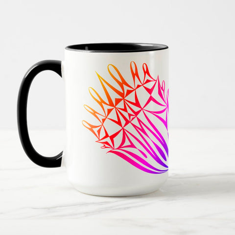 White ceramic coffee mug with a black handle and black interior, featuring a mirrored colorful gradient print of the artwork titled “Pinned.“