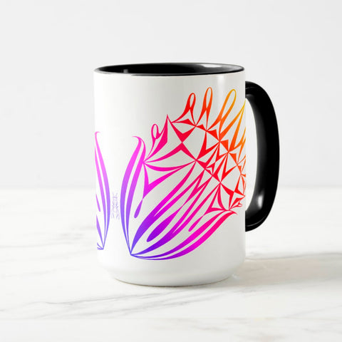 White ceramic coffee mug with a black handle and black interior, featuring a mirrored colorful gradient print of the artwork titled “Pinned.“