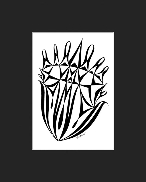 Black and white abstract pen‑and‑ink drawing with optical‑illusion shapes; matted in black.