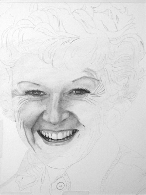 Graphite drawing of a portrait in progress, with a contour outline sketch and realistic shading of the eyes, nose, mouth.