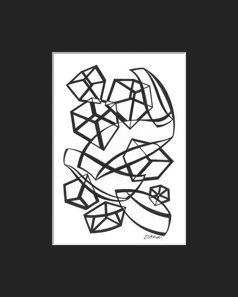 Black and white abstract pen‑and‑ink drawing with optical‑illusion, cubical shapes, matted in black.