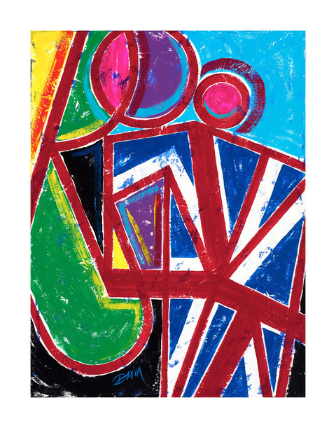 Vibrant geometric design of a painting with bold, red intersecting lines forming an abstract Union Jack flag, and geometric shapes in blue, green, yellow, purple, fuchsia, white, and black; signed 'Darin' in the lower left, with a white border.