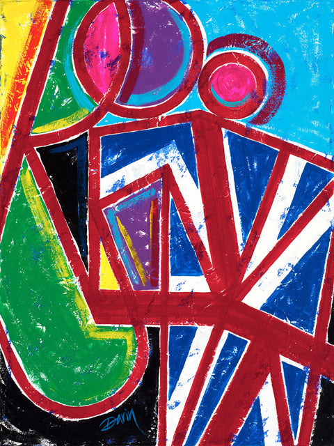 Vibrant geometric design of a painting with bold, red intersecting lines forming an abstract Union Jack flag, and geometric shapes in blue, green, yellow, purple, fuchsia, white, and black; signed 'Darin' in the lower left.
