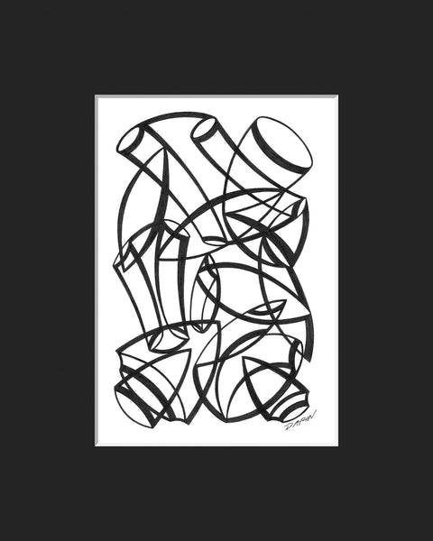 Black and white abstract pen‑and‑ink drawing with optical‑illusion shapes, featuring overlapping tubular, cylindrical, and arrowhead shapes; matted in black.