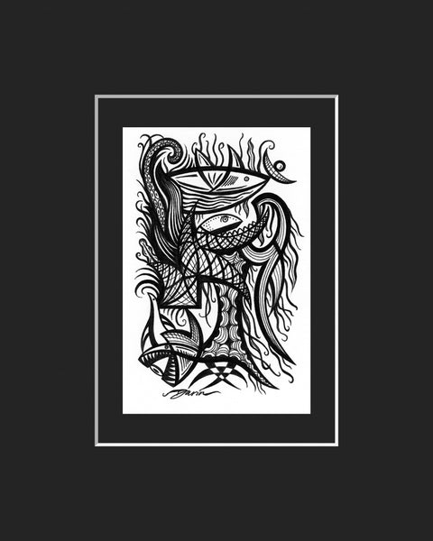 Black and white surreal pen‑and‑ink illustration with symbolic and geometric elements, featuring stylized fish, tentacles, a seal, and seaweed; mounted and matted in black.