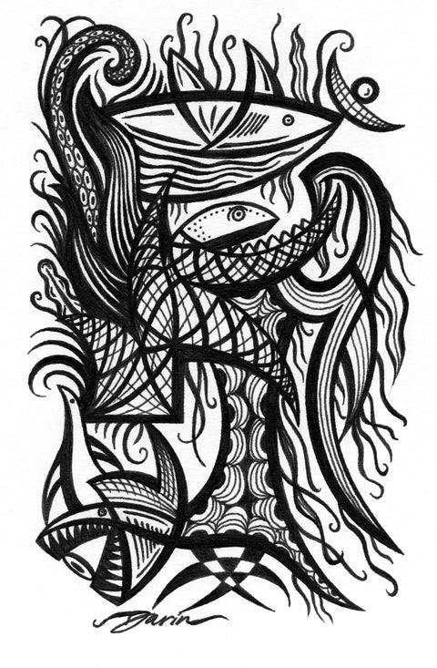 Black and white surreal pen‑and‑ink illustration with symbolic and geometric elements, featuring stylized fish, tentacles, a seal, and seaweed.