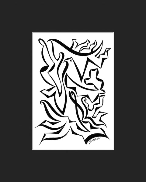 Black and white abstract pen‑and‑ink drawing with optical‑illusion shapes, a bird, and eye, matted in black.