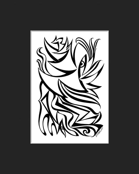 Black and white abstract pen‑and‑ink drawing with optical‑illusion shapes, featuring eye motifs and a stylized fox-like animal, matted in black.