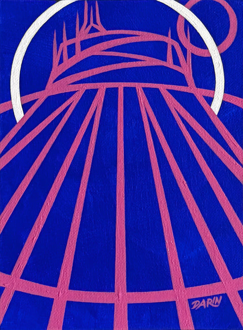 A stylized abstract painting of a tent-like structure with radiating pink lines and a white arc on a vivid blue background; signed 'DARIN' in the lower-right.