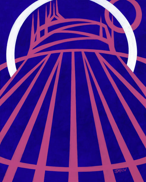 A stylized abstract painting of a tent-like structure with radiating and zig-zag pink lines and a white arc on a vivid blue background; signed 'DARIN' in the lower-right.
