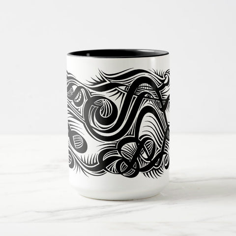 White ceramic coffee mug with a black handle and black interior, featuring a wrap‑around print of the artwork titled “Spiked.“