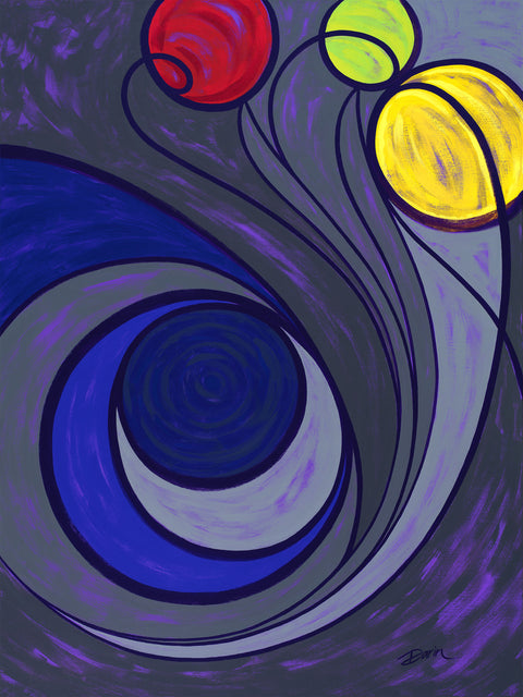 Abstract painting featuring a swirling cosmic design of dark purple lines with a large dark blue spiral over purple and gray, with three planet-like spheres in red, green, and yellow; signed 'Darin' in the lower-right.