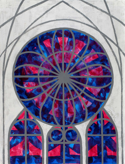 An abstract stained-glass-inspired painting of a circular rose window with blue, purple, and pink sections divided by gray lines, with smaller matching arches below on a light gray textured background; signed 'Darin' on the lower-right.