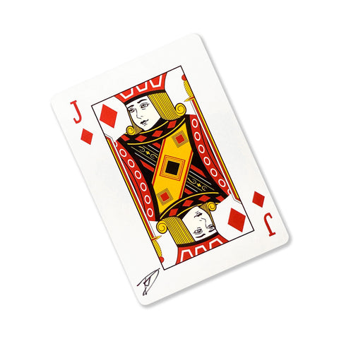 Back of the playing card showing the Jack of diamonds with a hand‑signed signature ‘DJ’ in black ink.