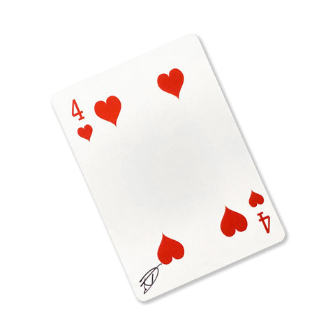 Back of the playing card showing the 4 of hearts with a hand‑signed signature ‘DJ’ in black ink.