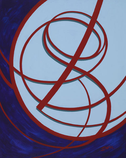 Abstract geometric painting featuring intersecting red curvilinear lines over a light and navy blue background; signed 'Darin' in the lower-right.