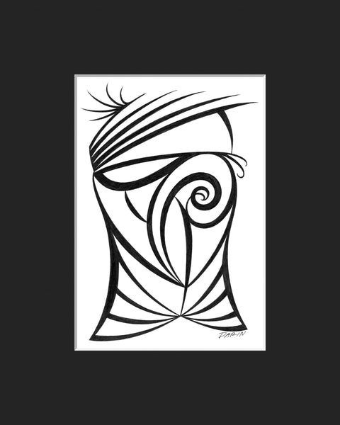 Black and white abstract pen‑and‑ink drawing with optical‑illusion shapes in the form of a head and hair, matted in black.