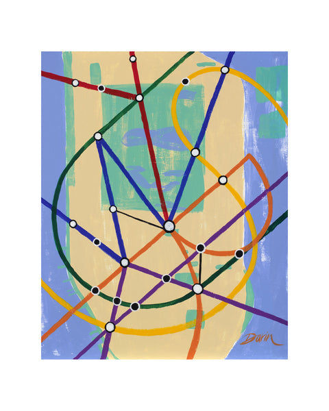 Abstract geometric painting of intersecting blue, green, red, orange, purple, and yellow subway-like lines with white and black dots at intersections on a light blue, green, and beige background, signed 'Darin' in the lower-right, with a white border.