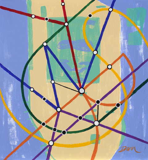 Abstract geometric painting of intersecting blue, green, red, orange, purple, and yellow subway-like lines with white and black dots at intersections on a light blue, green, and beige background, signed 'Darin' in the lower-right.